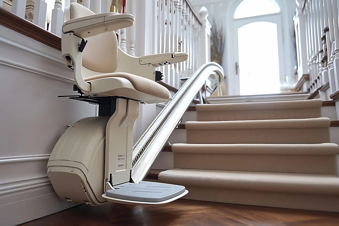 Silla salvaescaleras curva a medida en una escalera con giro en una vivienda de Móstoles