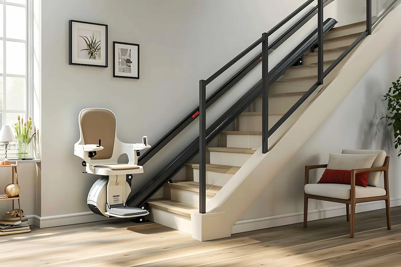 Silla salvaescaleras con tapizado personalizado integrada en la decoración de una vivienda de Móstoles